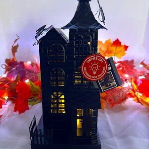 Halloween Light-Up Metal Haunted House w/ Bat details, 11.9" x 4.17" - NWT
